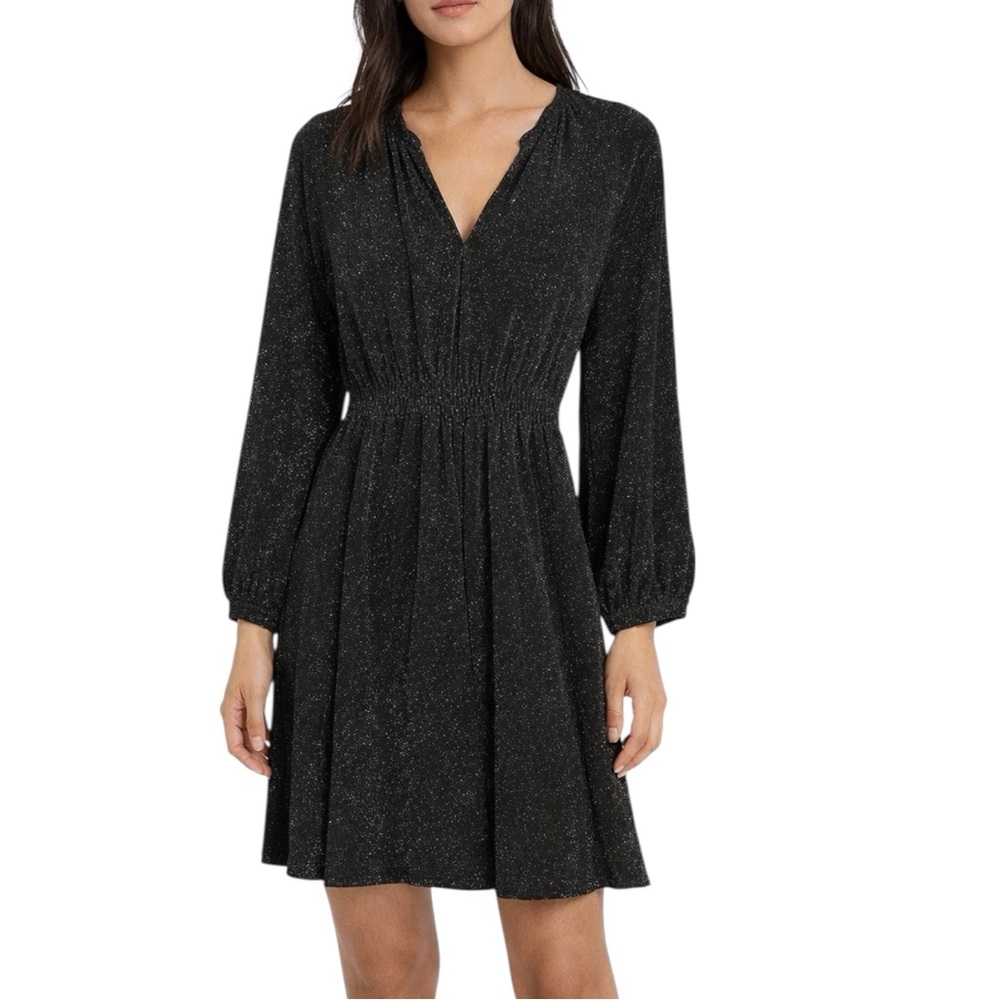 Momoni Black Silver Metallic Long Sleeve Gathered Waist Dress IT 40 / US 2 NWOT